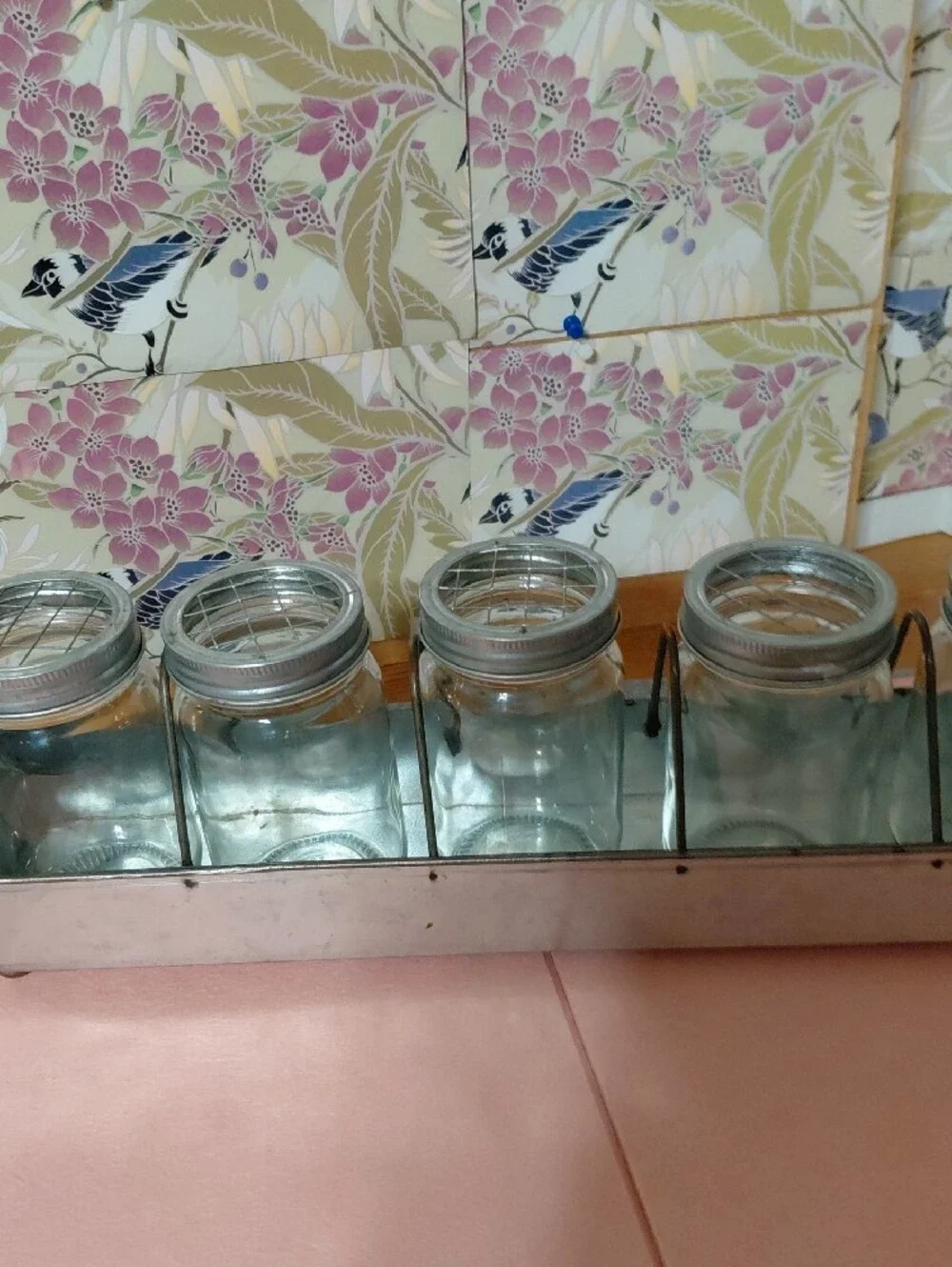 Galvanized Metal Mason Jar Organizer with 5 Clear Glass Jars